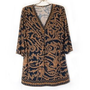 Soft Surroundings Embellished Blue and Brown V-Neck Tunic Size Large
